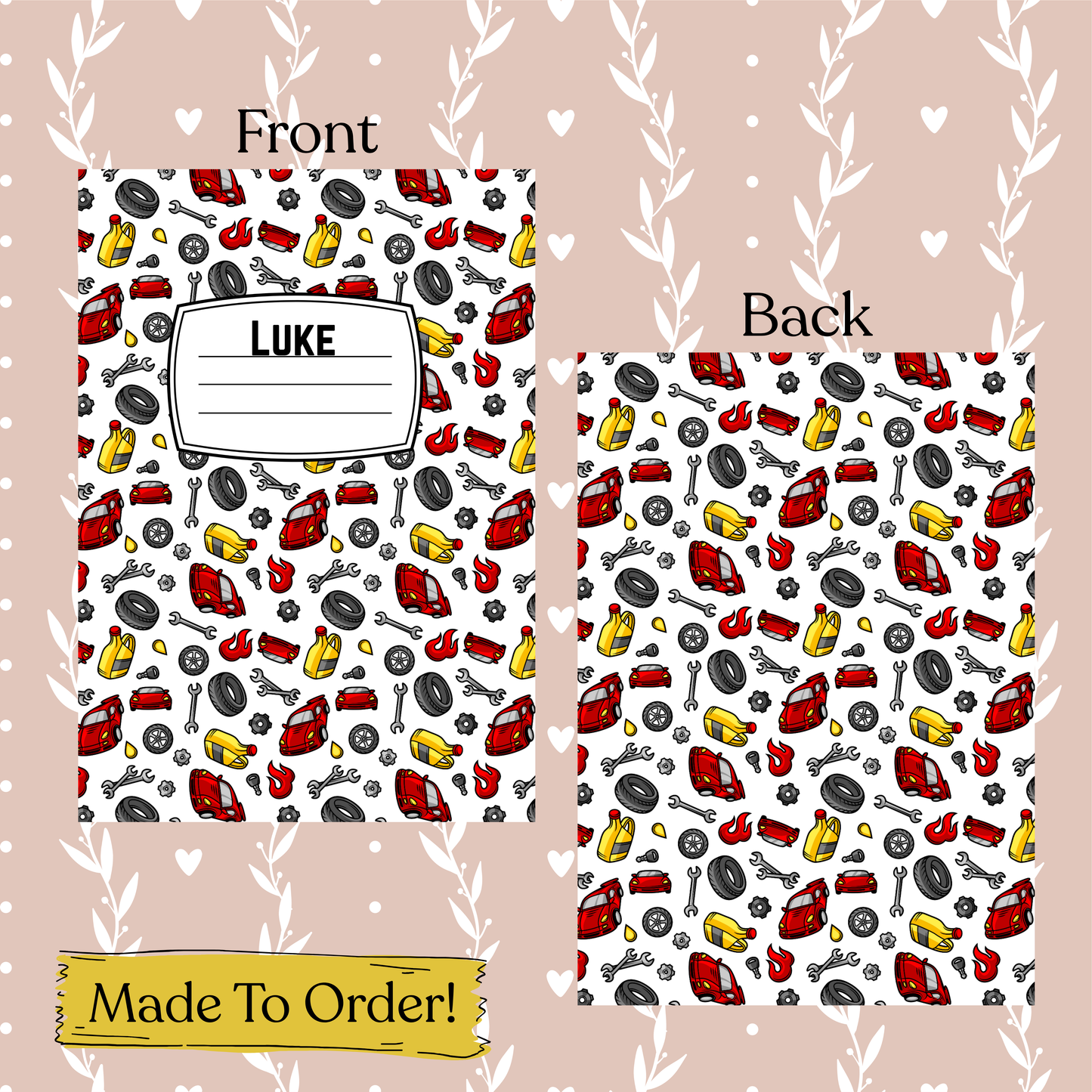 Two views of a notebook with a car-themed pattern on a beige background with heart designs.