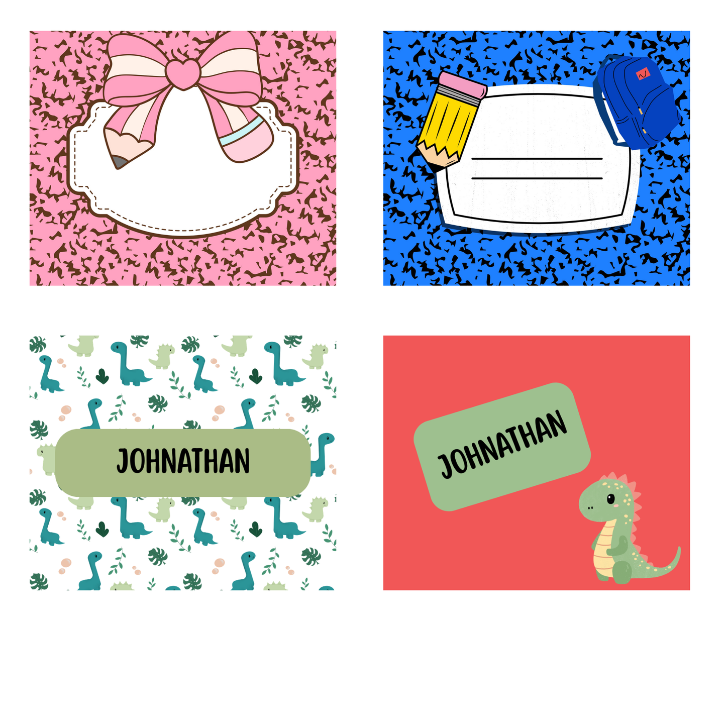 Four children's name cards with different designs and colors.