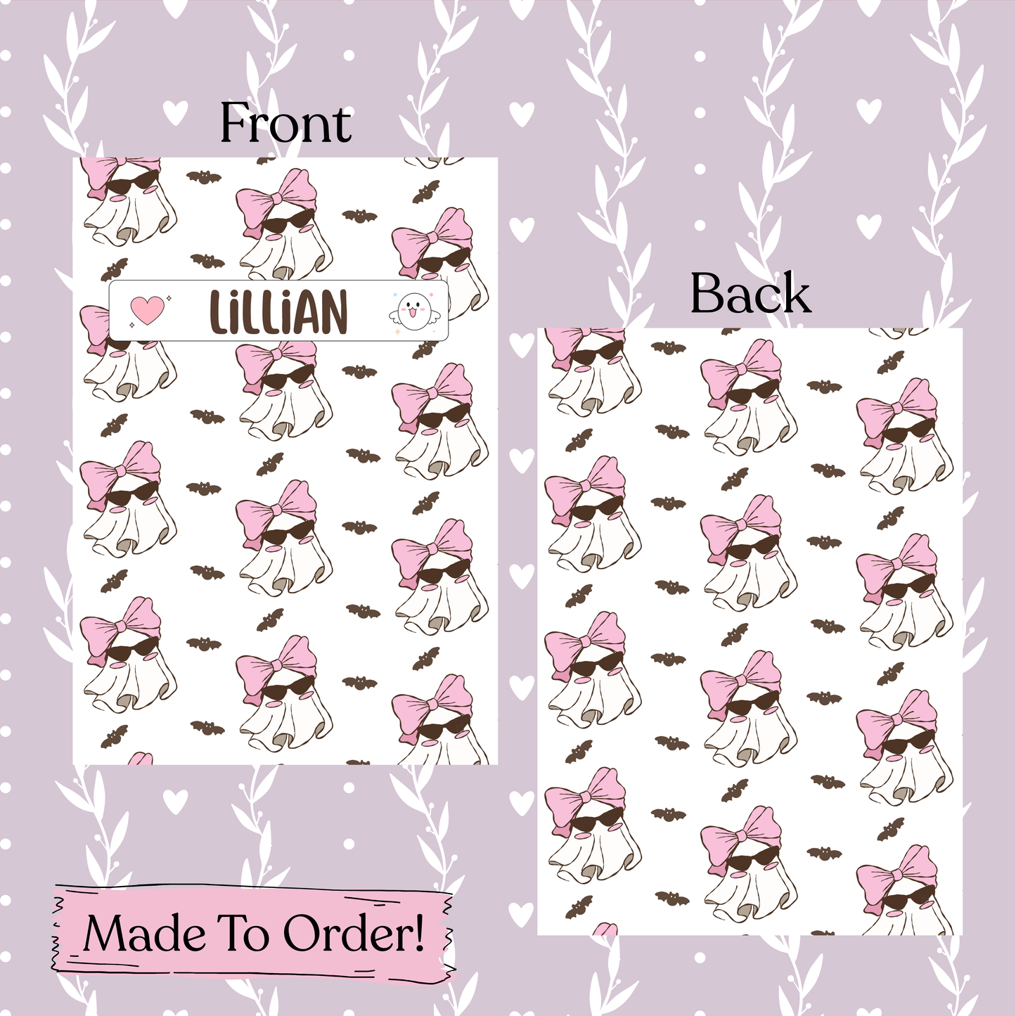 Composition Notebook design with a ghost wearing sunglasses and a pink bow, on a purple background with heart patterns.