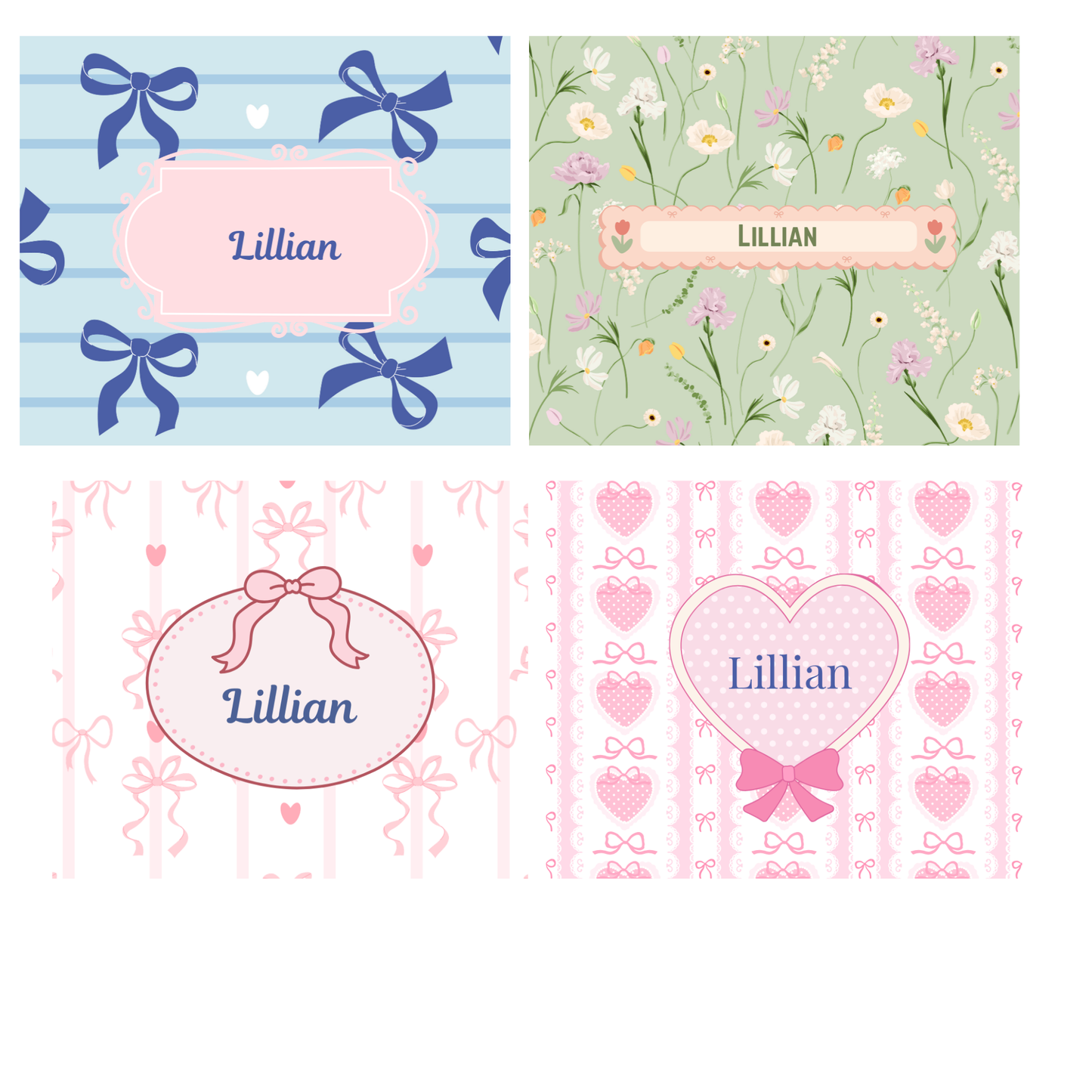 Four stationery items with 'Lillian' on them, each featuring different patterns.
