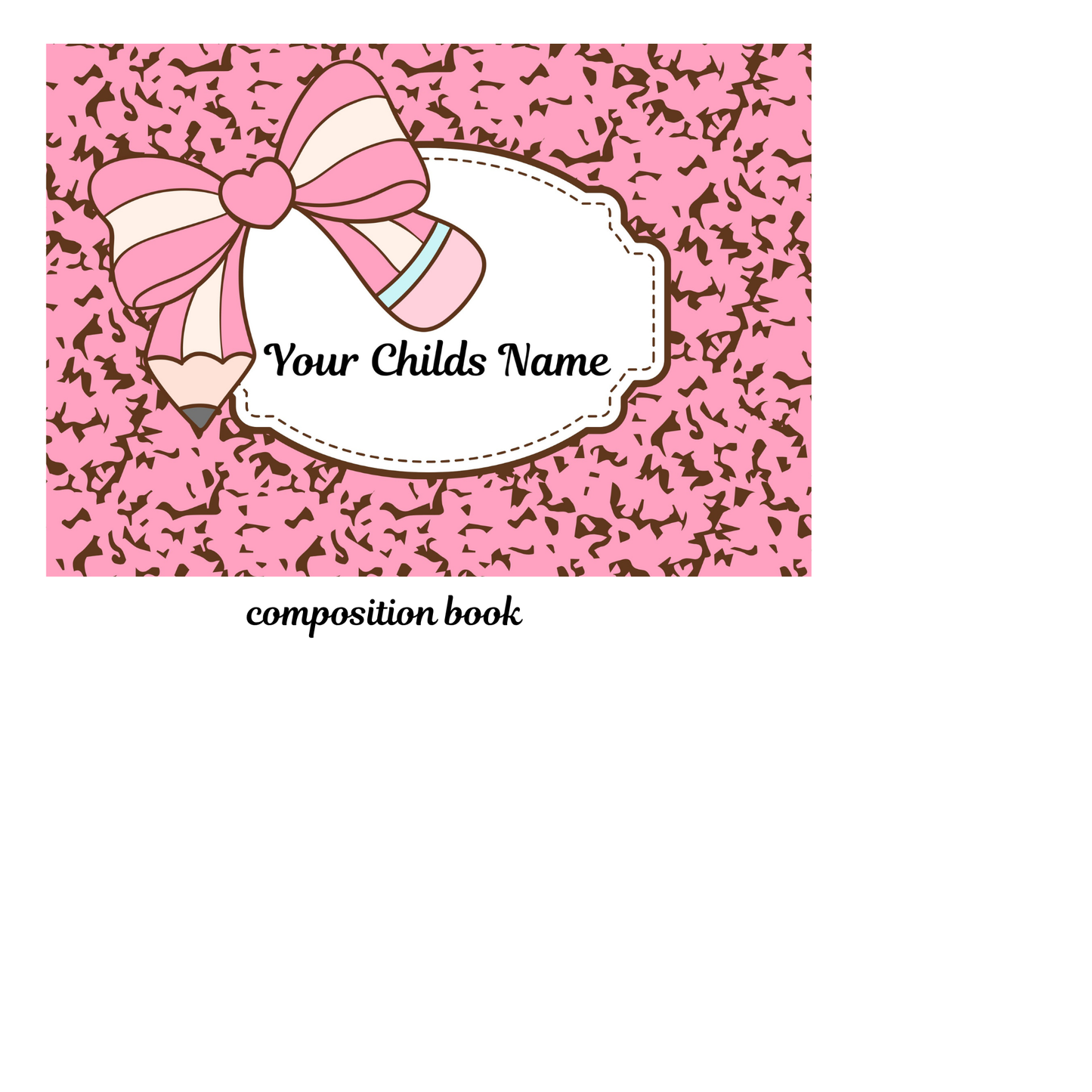 Pink composition book cover with a bow and pencil design on a white background