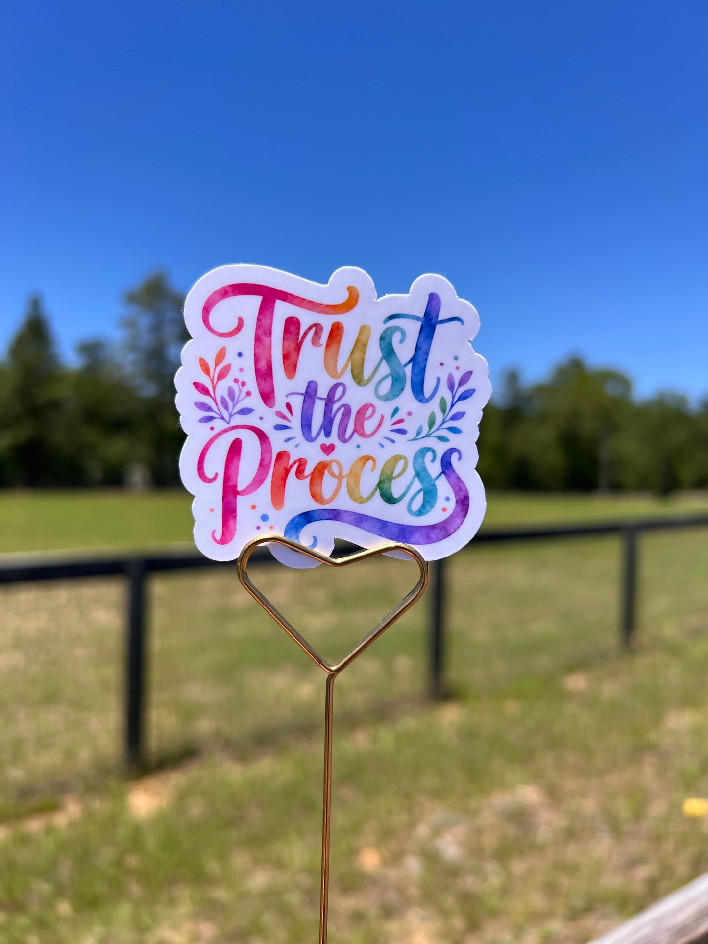 Colorful 'Trust the Process' sticker on a metal surface with a blue sky background