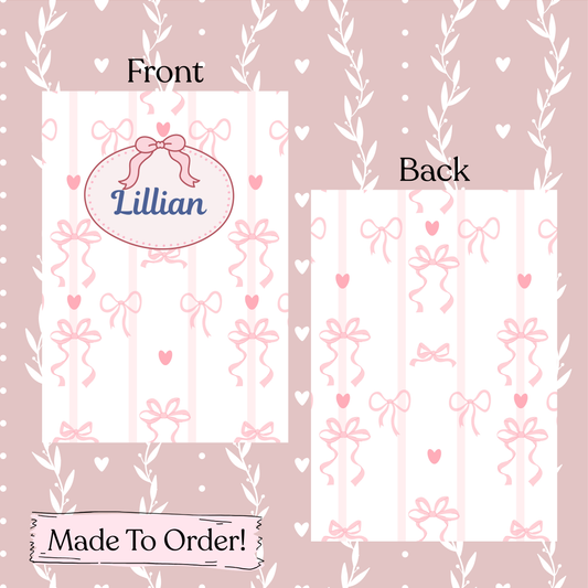 Design of a card with 'Lillian' on a pink background with bows and hearts.