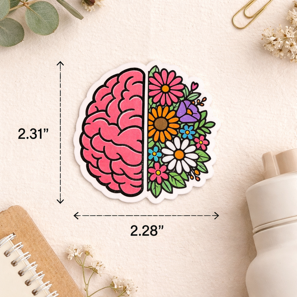 Brain and flowers sticker with measurements on a light background