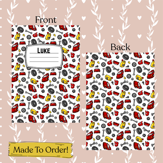 Two views of a notebook with a car-themed pattern on a beige background with heart designs.