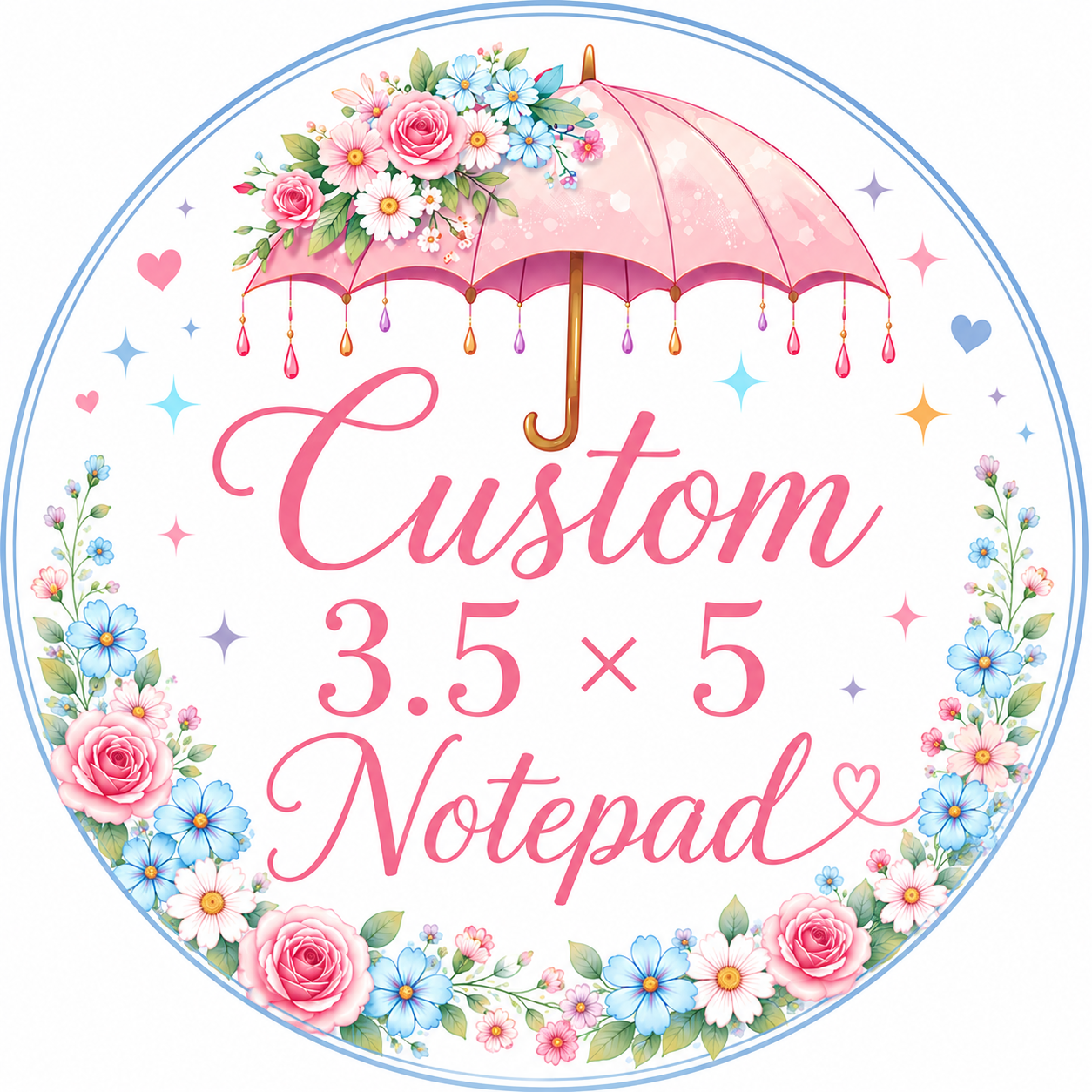 Decorative notepad with pink umbrella and flowers, labeled 'Custom 3.5 x 5 Notepad'.