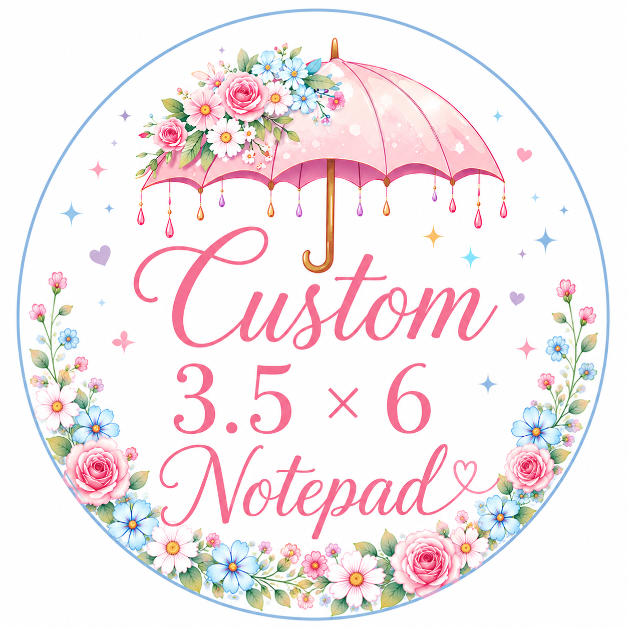 Decorative notepad with pink umbrella and floral design on a white background