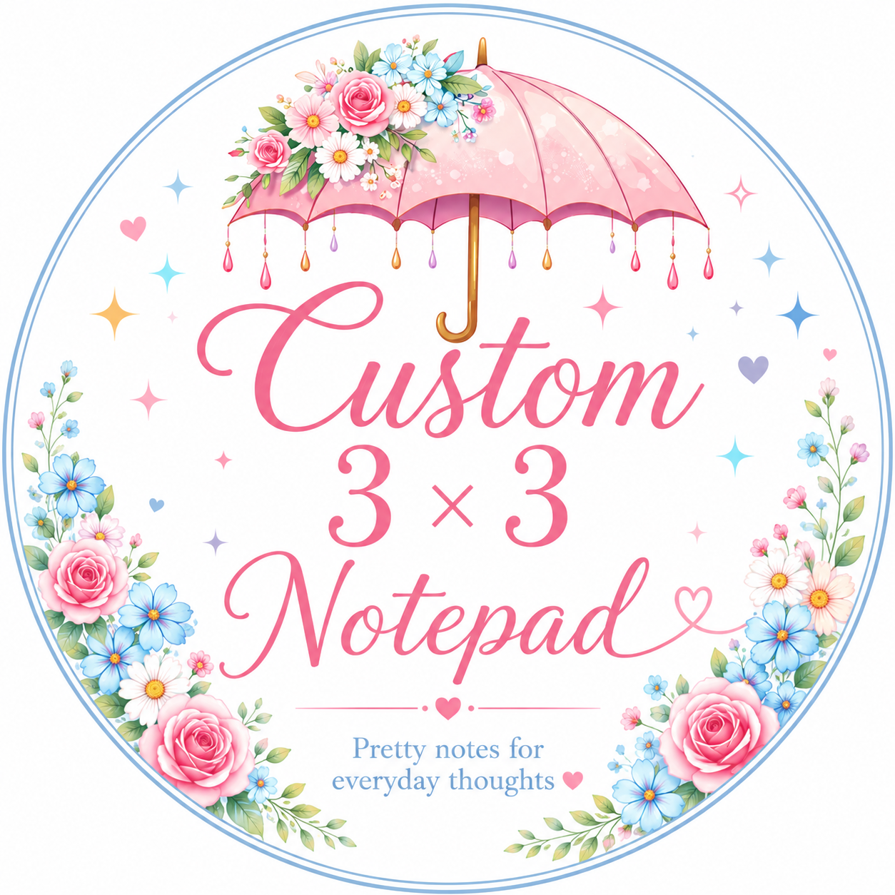 Decorative notepad with pink umbrella and flowers, labeled 'Custom 3 x 3 Notepad'.