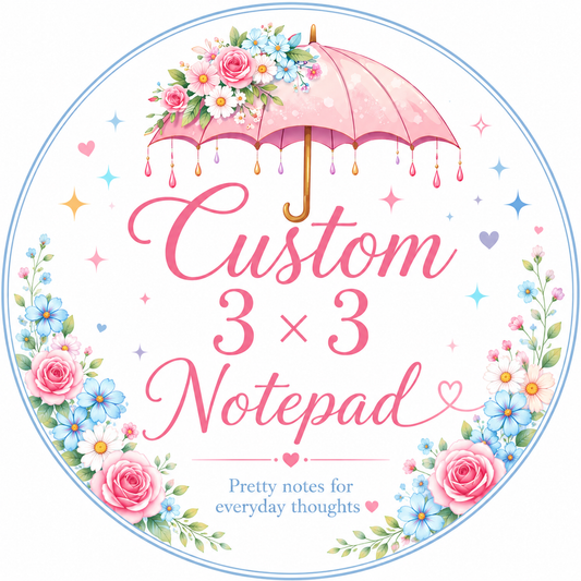 Decorative notepad with pink umbrella and flowers, labeled 'Custom 3 x 3 Notepad'.