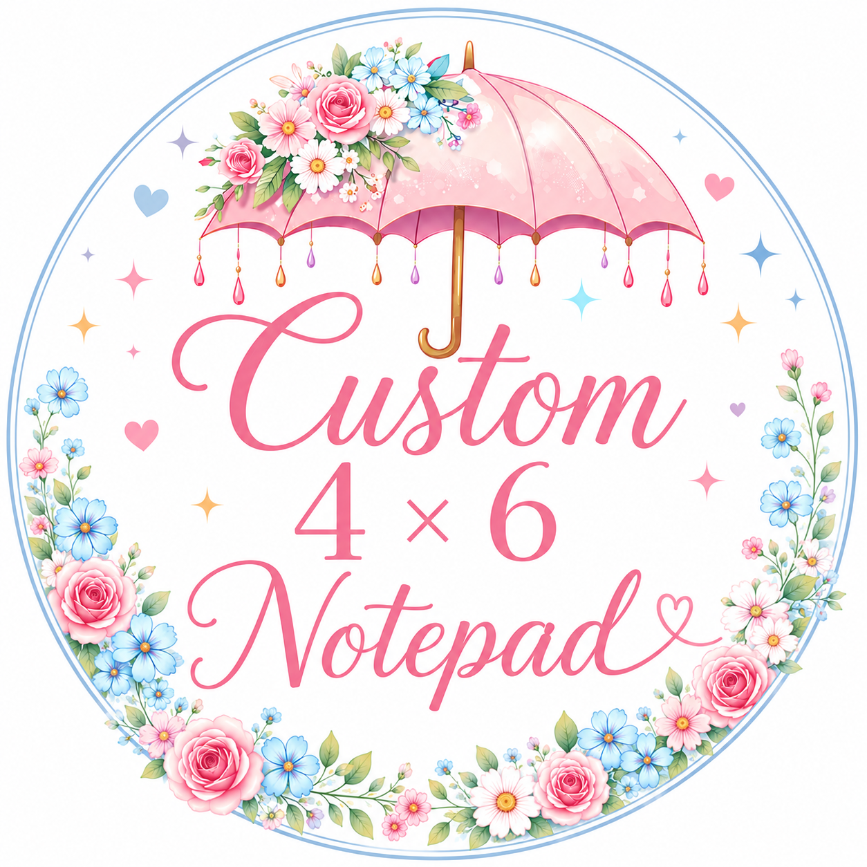 Decorative design for a custom 4x6 notepad with flowers and an umbrella.