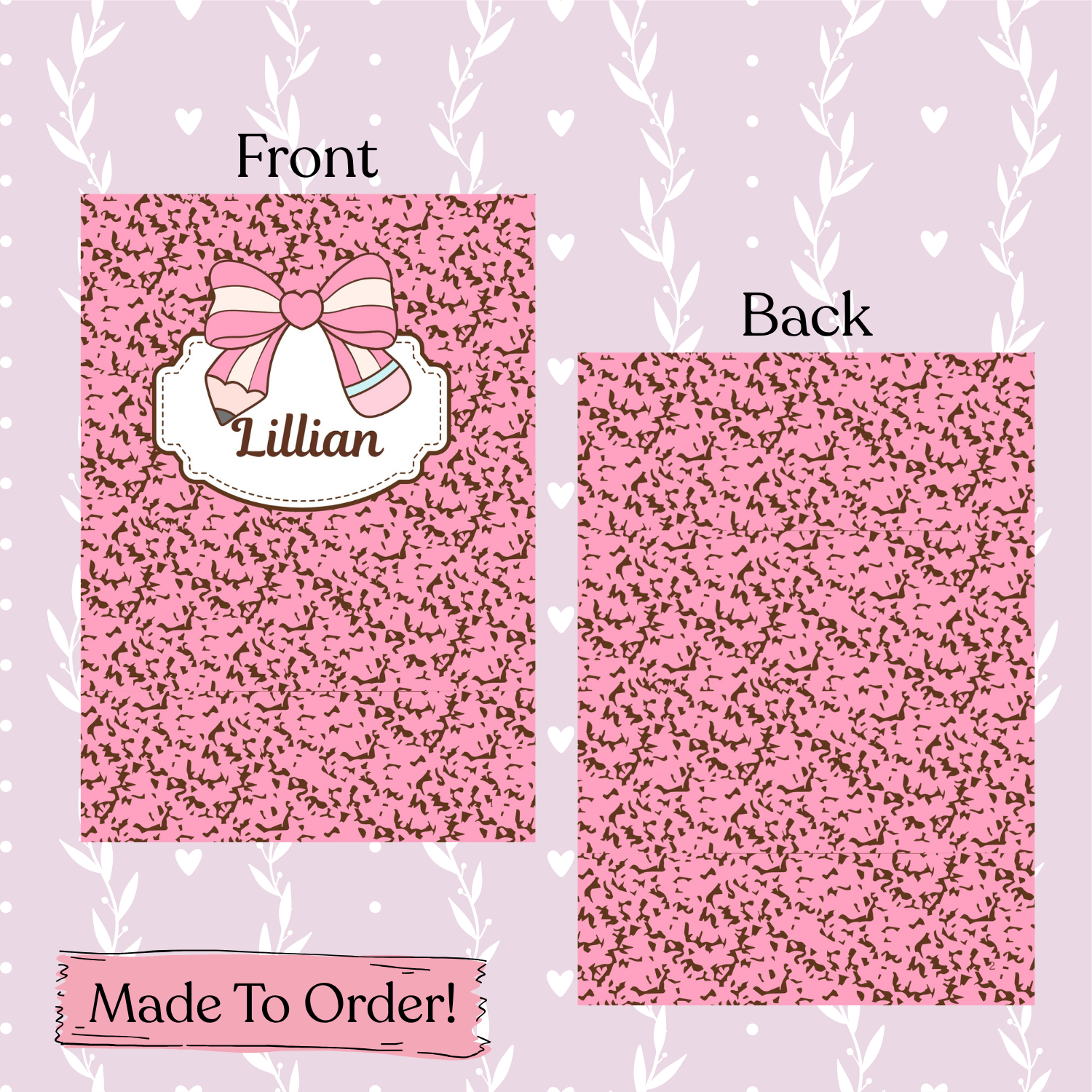 custom composition notebook design with a bow and name 'Lillian' on a matching pink background.