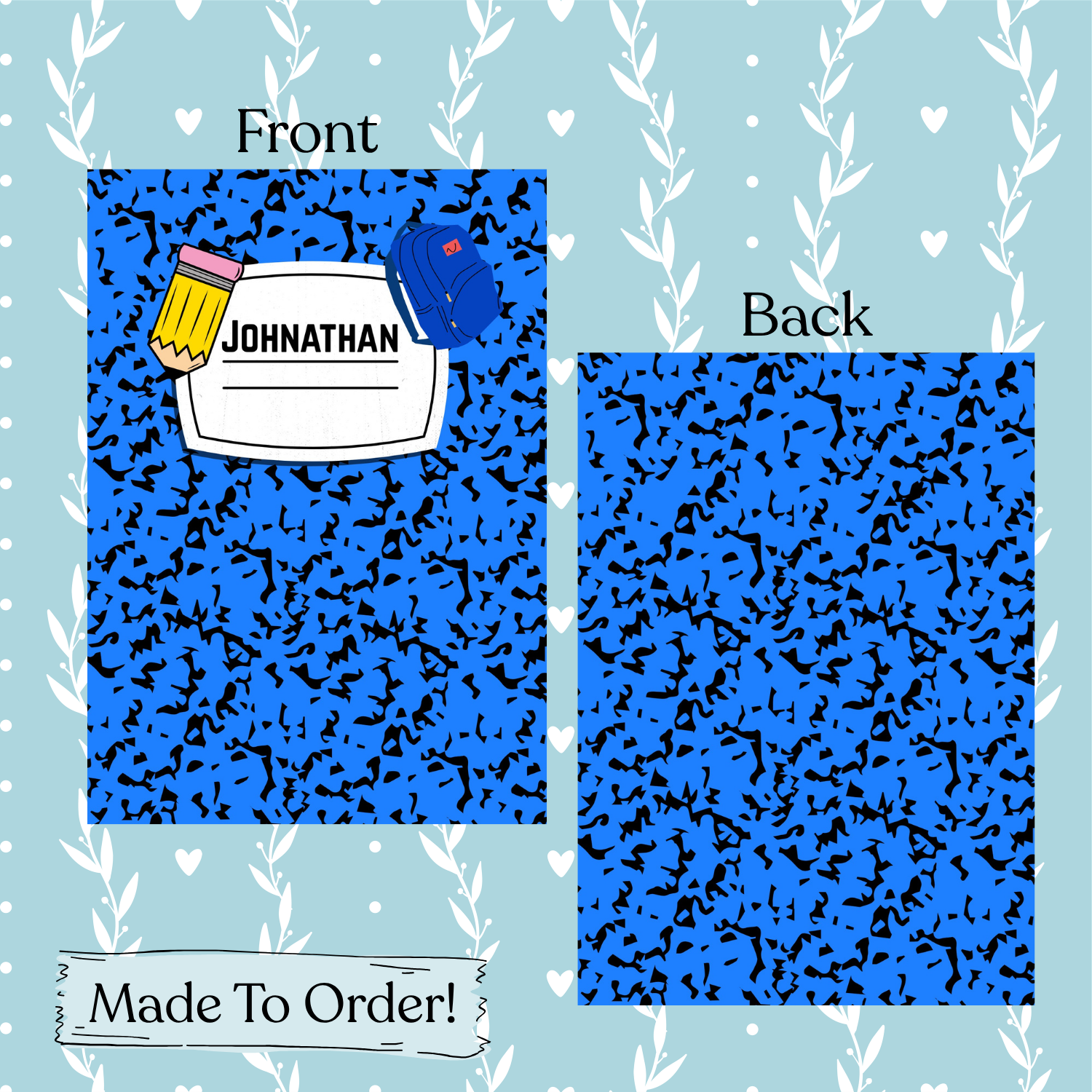 Blue notebook with black speckle pattern, front and back view, on a light blue background with heart and leaf designs.