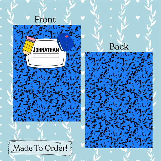 Blue notebook with black speckle pattern, front and back view, on a light blue background with heart and leaf designs.