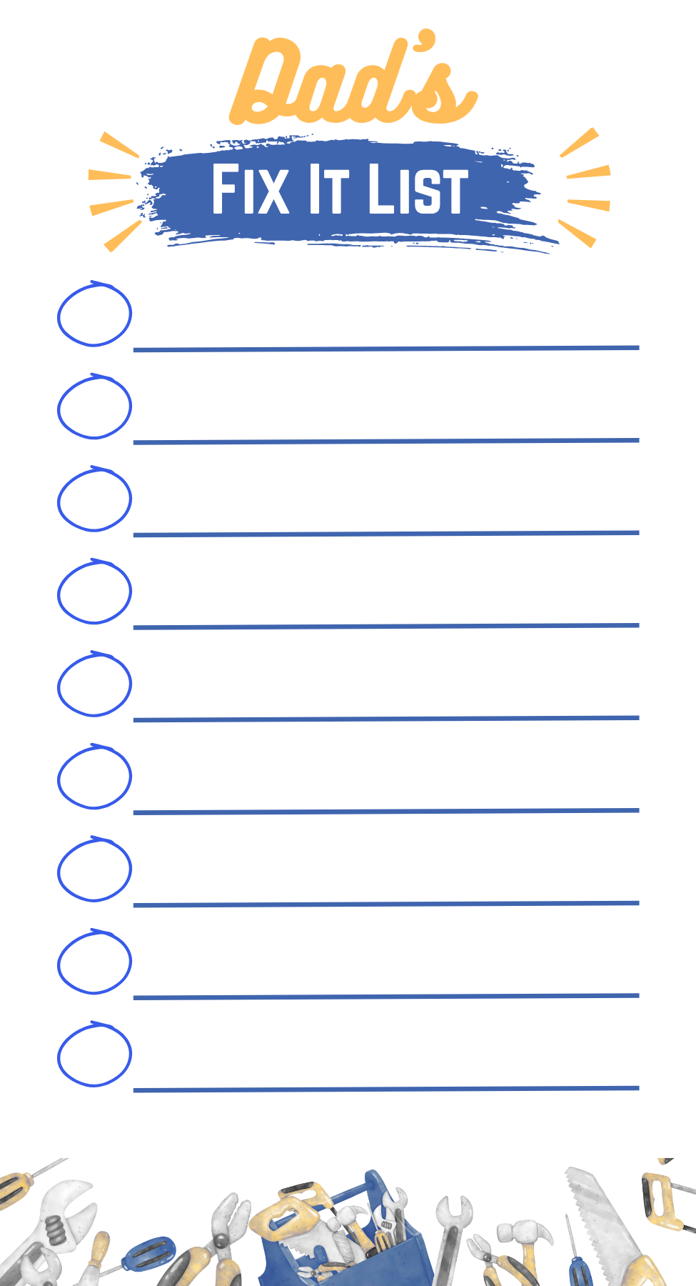 Checklist titled 'Dad's Fix It List' with tools at the bottom on a white background