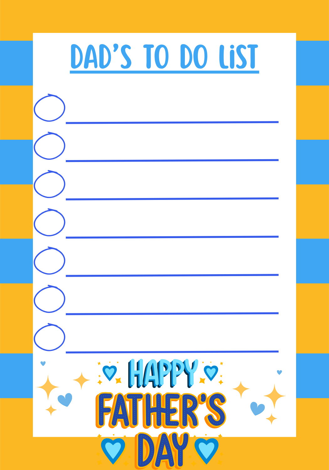 Dad's to do list with 'Happy Father's Day' text on a yellow and blue striped background
