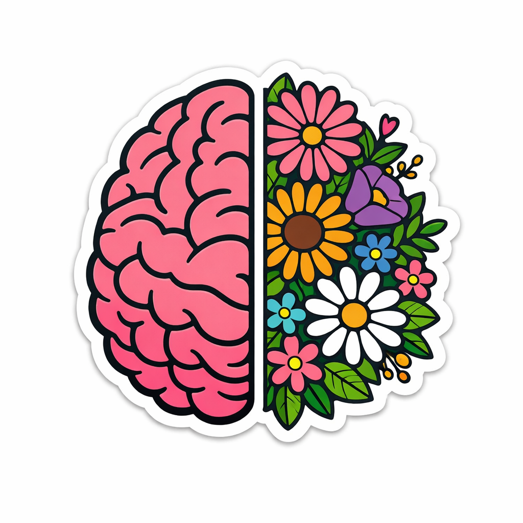 Illustration of a brain with one half filled with pink and the other half filled with colorful flowers on a white background.