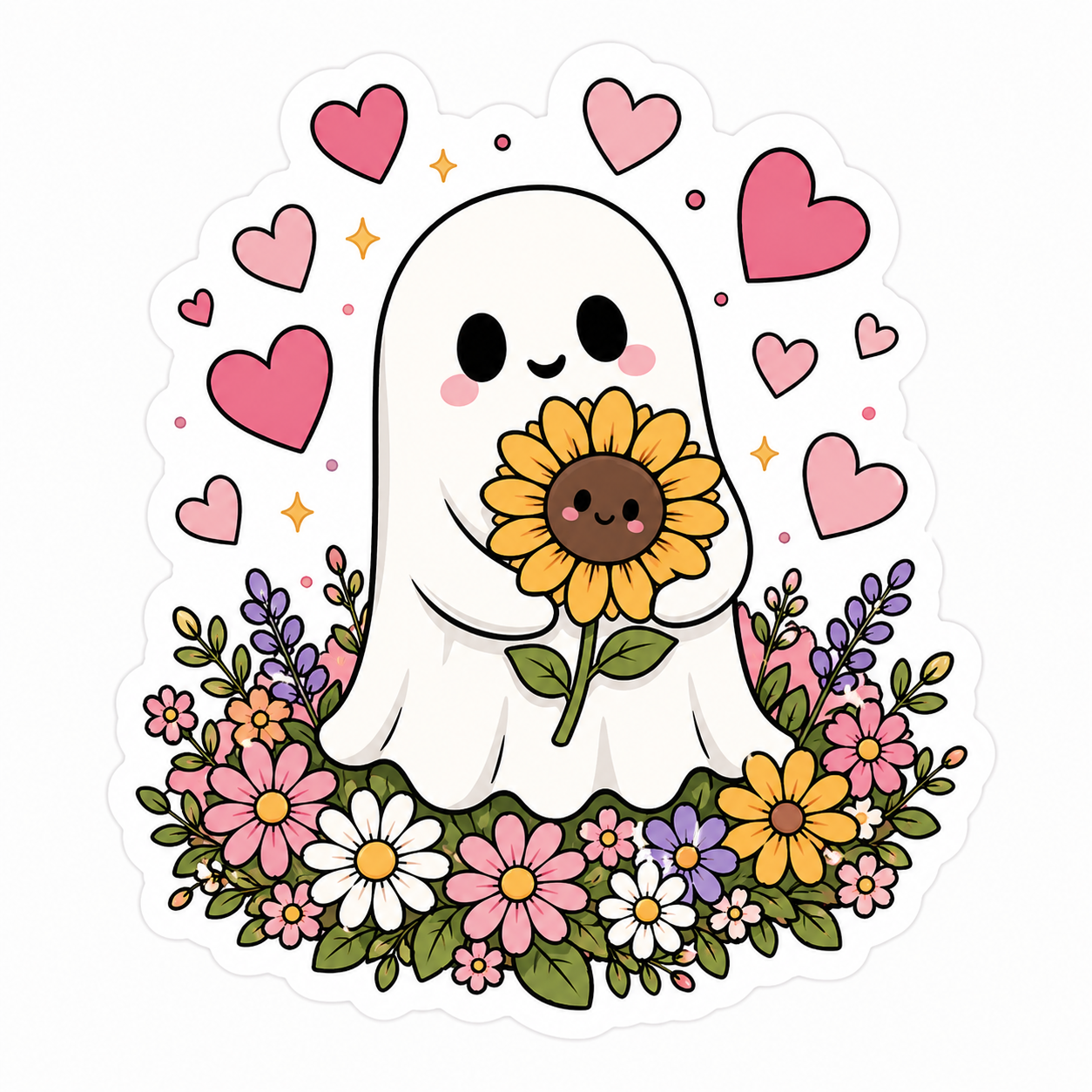Cute ghost character holding a sunflower surrounded by pink hearts and flowers on a white background
