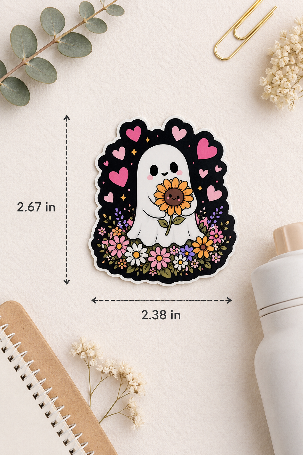Ghost with sunflower and hearts sticker with measurements on a light background