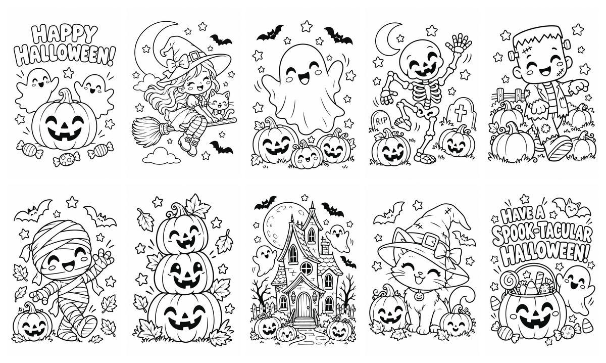 A set of 10 black and white Halloween-themed coloring pages featuring cute cartoon illustrations of pumpkins, ghosts, skeletons, mummies, a witch, a haunted house, and candy corn with festive phrases like 'Happy Halloween!' and 'Have a Spook-tacular Halloween!'.