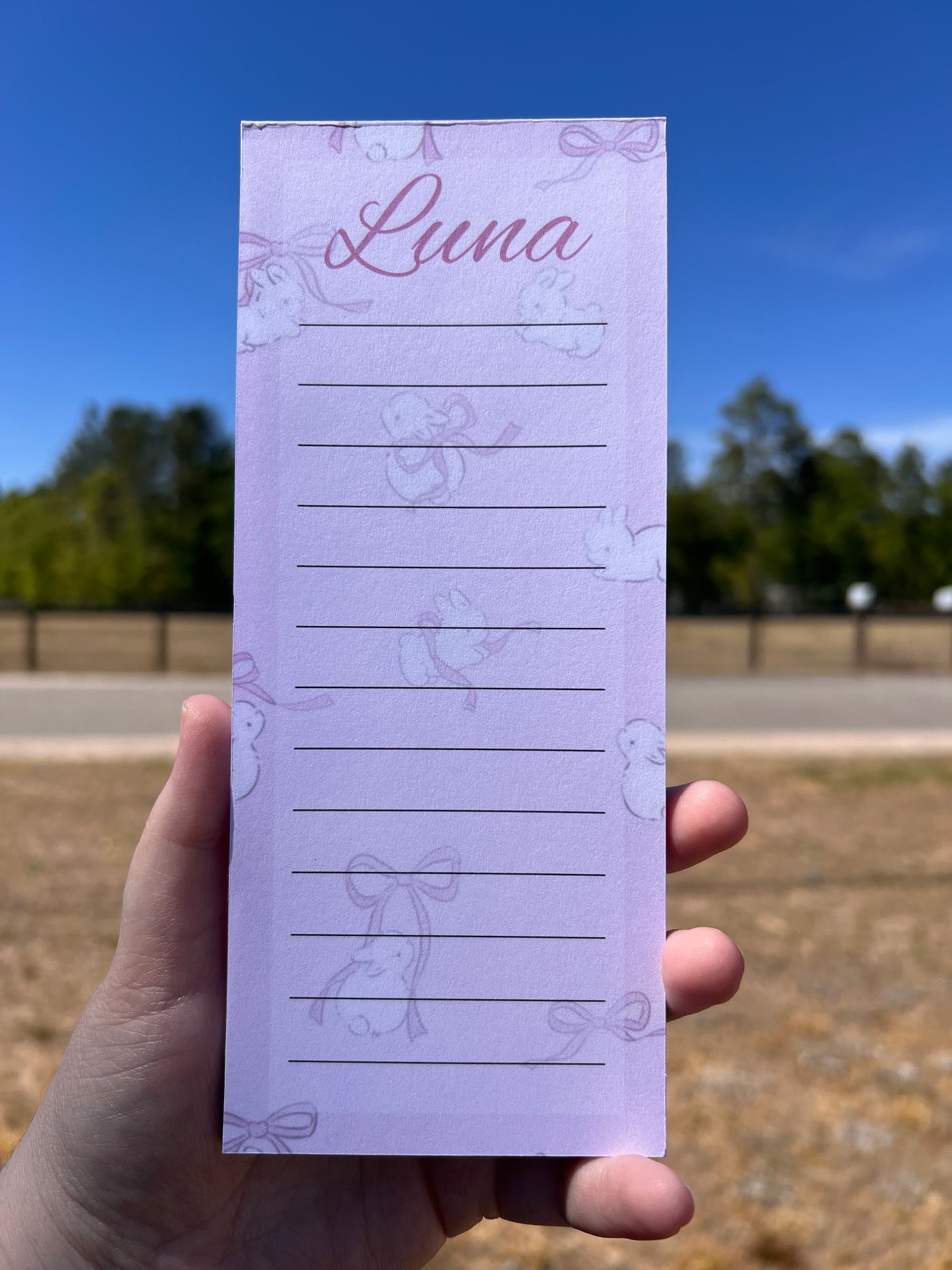 Hand holding a purple notepad with 'Luna' branding against a blurred outdoor background