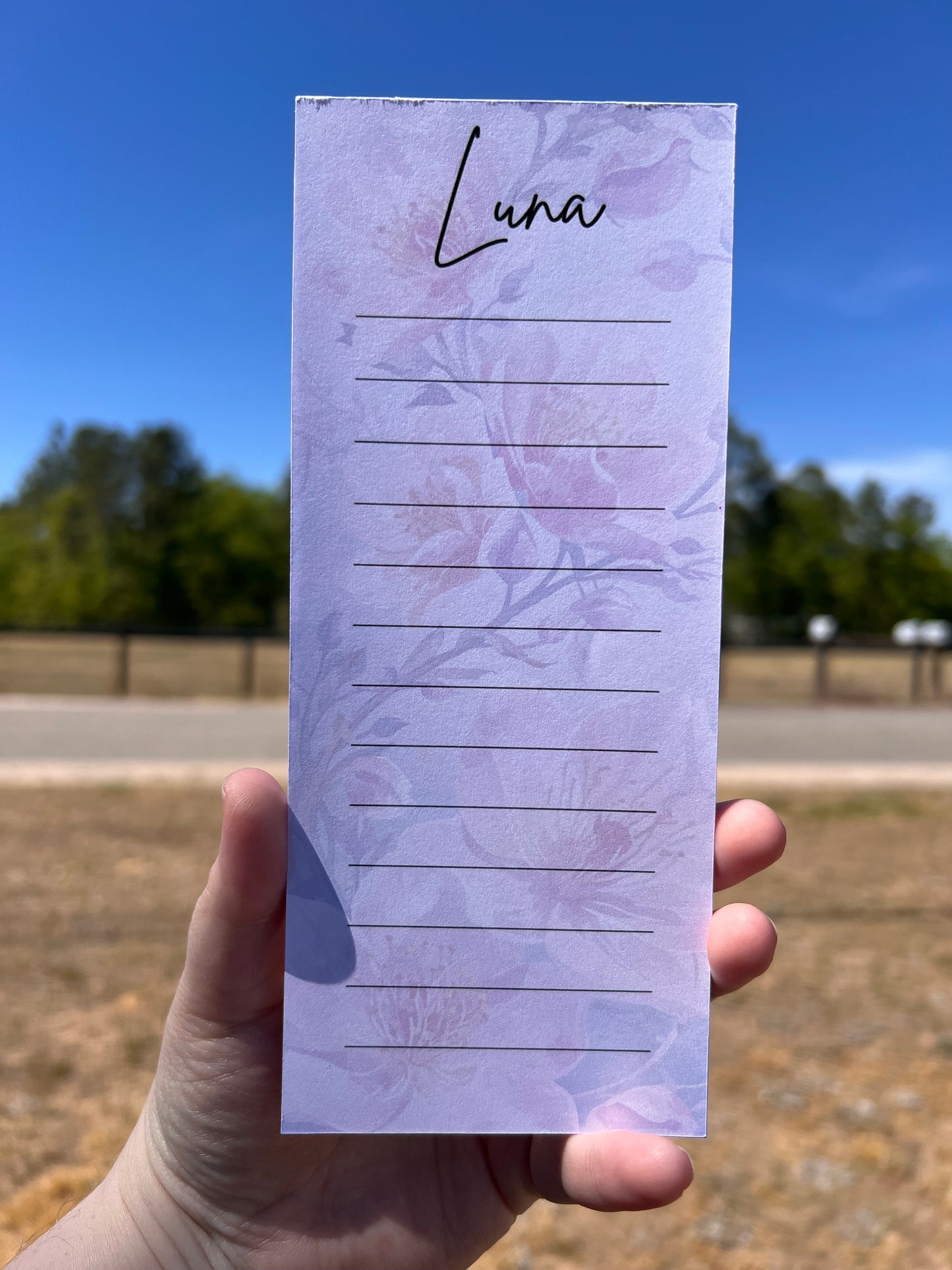 Hand holding a small rectangular card with 'Luna' written on it against a blue sky and building background.