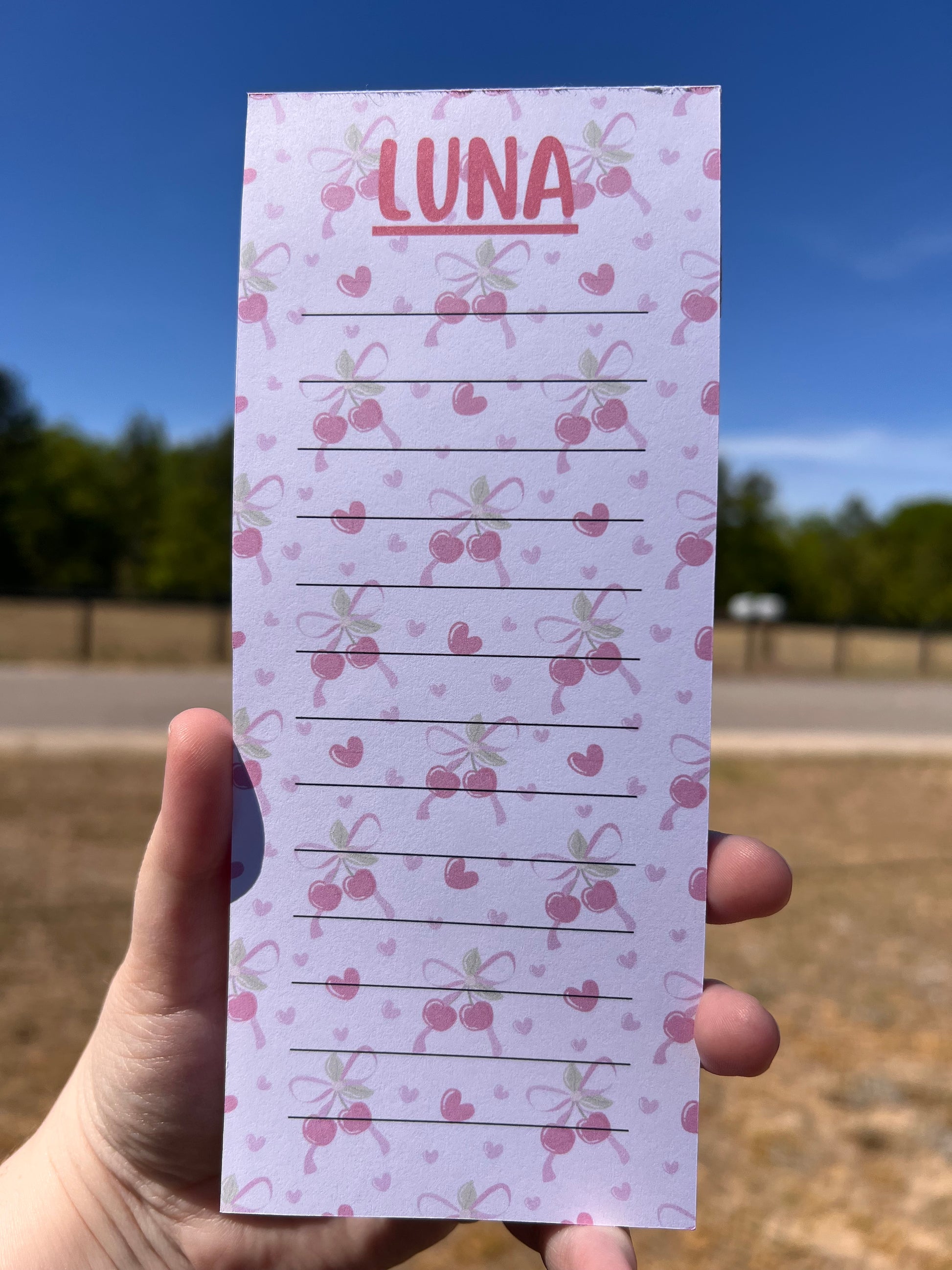 Notebook with 'LUNA' branding held in front of a blurred outdoor background