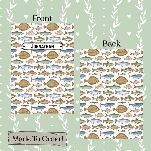 Fish patterned product with 'Front' and 'Back' labels on a light green background.