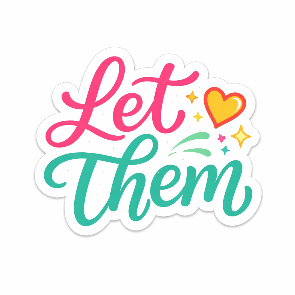 Sticker with 'Let Them' text in pink and teal, heart, and stars on a white background