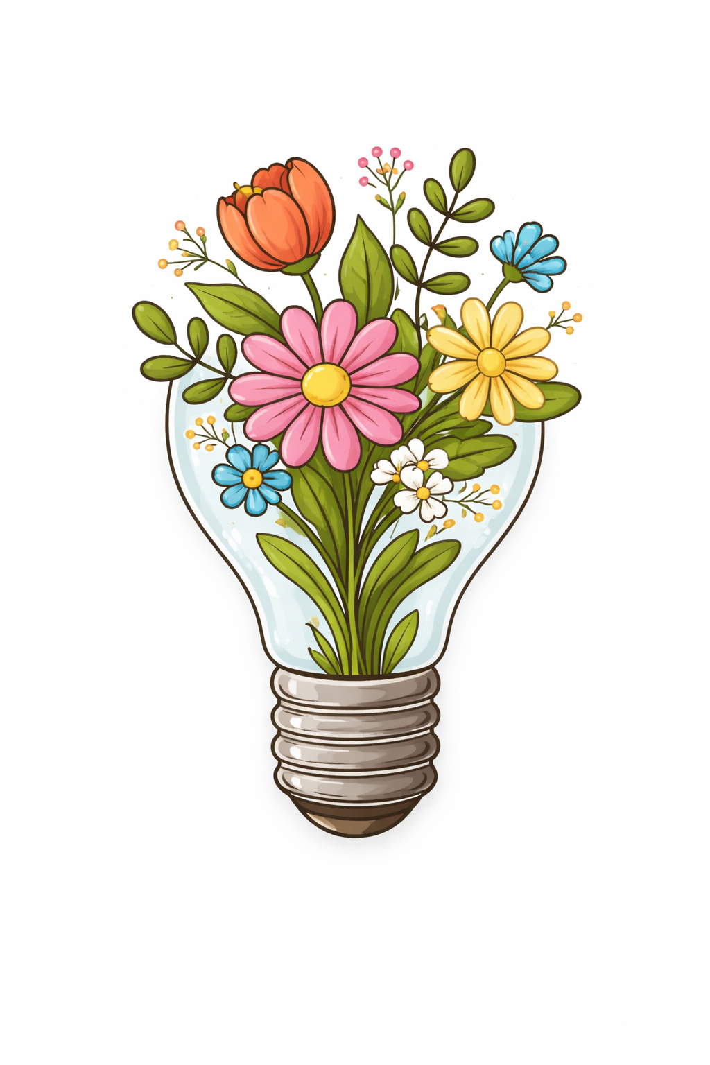 Light bulb filled with colorful flowers on a white background