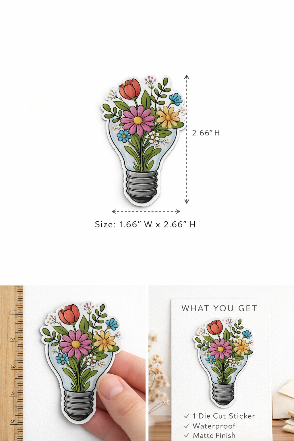 Decorative sticker of a light bulb with flowers, shown with measurements and included items list.
