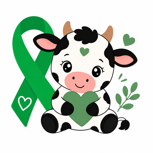 Cartoon cow holding a green heart with a green ribbon on a white background