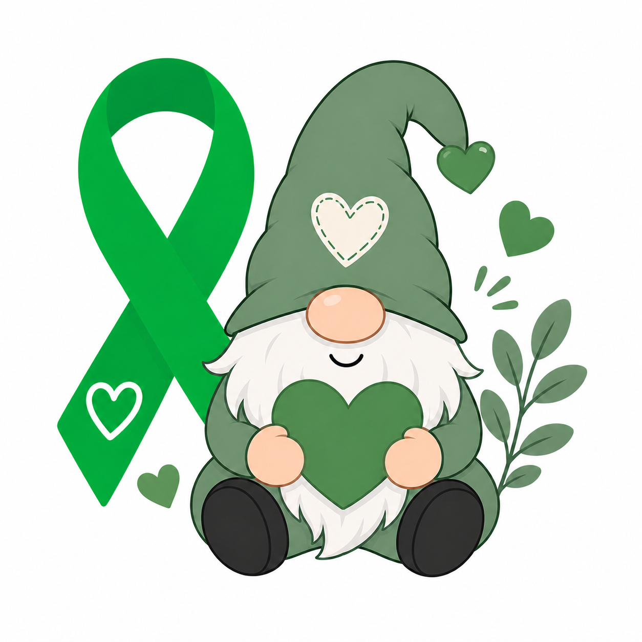 Gnome holding a green heart with a green awareness ribbon on a white background