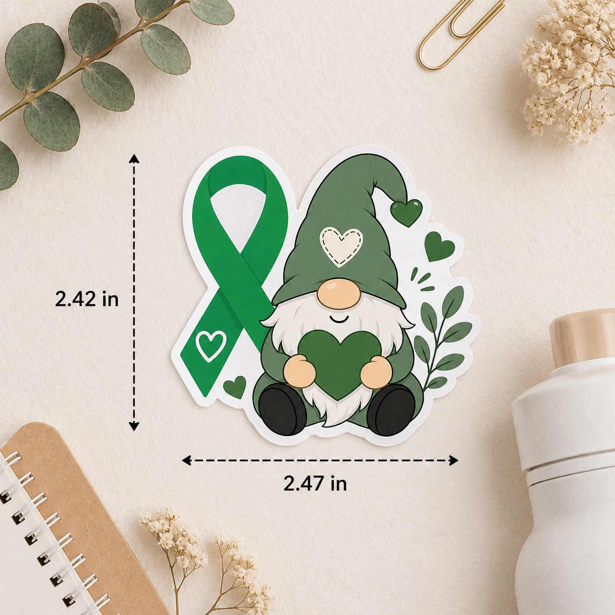 Sticker of a gnome with a green ribbon and hearts on a beige background with size