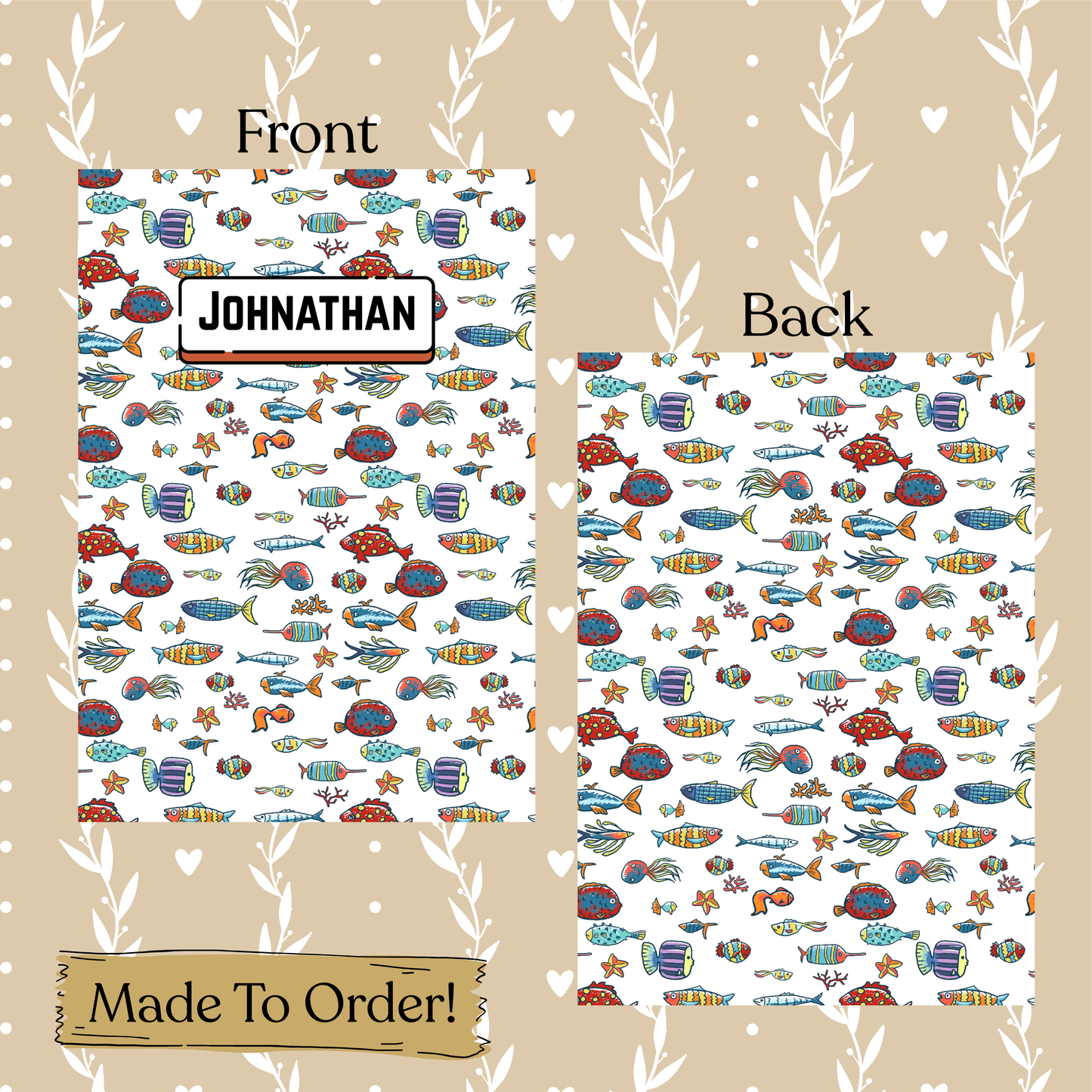 Underwater-themed stationery set with 'JOHNATHAN' printed on a card, displayed on a decorative background.