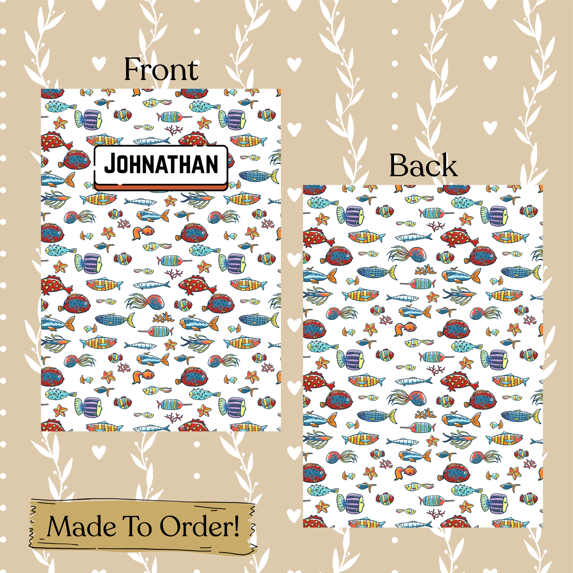 Underwater-themed stationery set with 'JOHNATHAN' printed on a card, displayed on a decorative background.