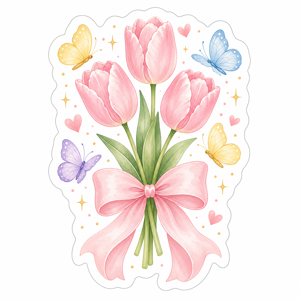 Bouquet of pink tulips with a pink bow, surrounded by butterflies and hearts on a white background.