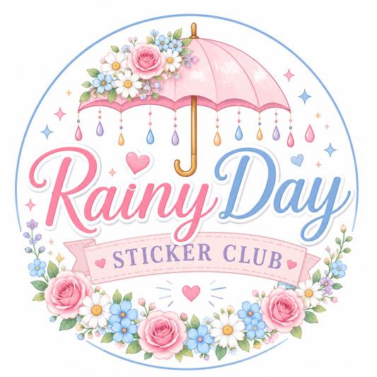 A circular sticker design with the words 'Rainy Day STICKER CLUB' in pink and blue script, decorated with a pink umbrella, flowers, hearts, and small dangling raindrops on a white background.