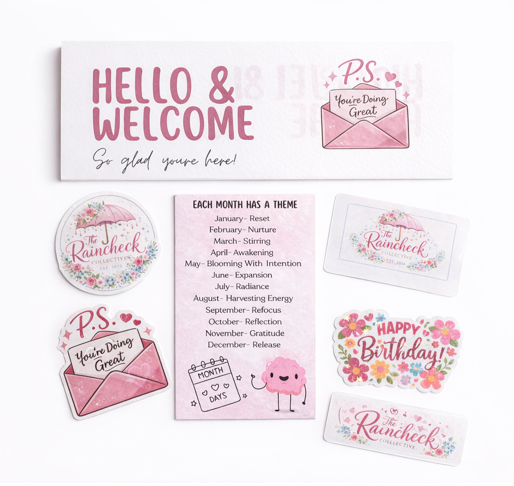 Collection of pink and white greeting cards and stickers with motivational text and graphics.