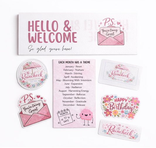 Collection of pink and white greeting cards and stickers with motivational text and graphics.
