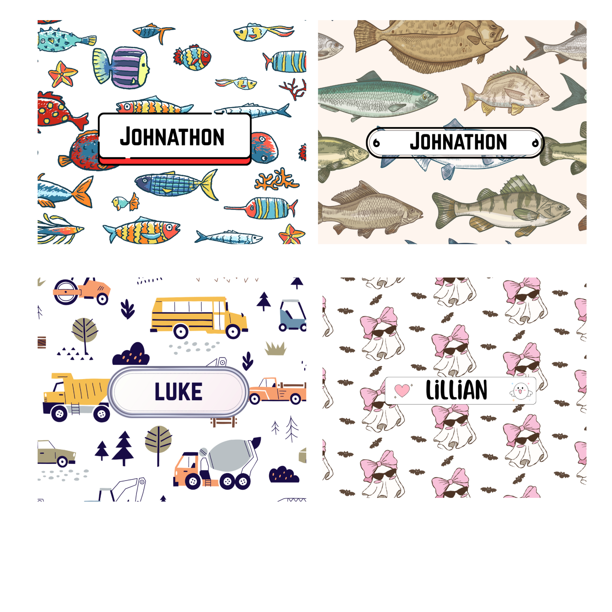 Three different patterned paper designs with names 'Johnathon', 'Luke', and 'Lillian' on a white background.