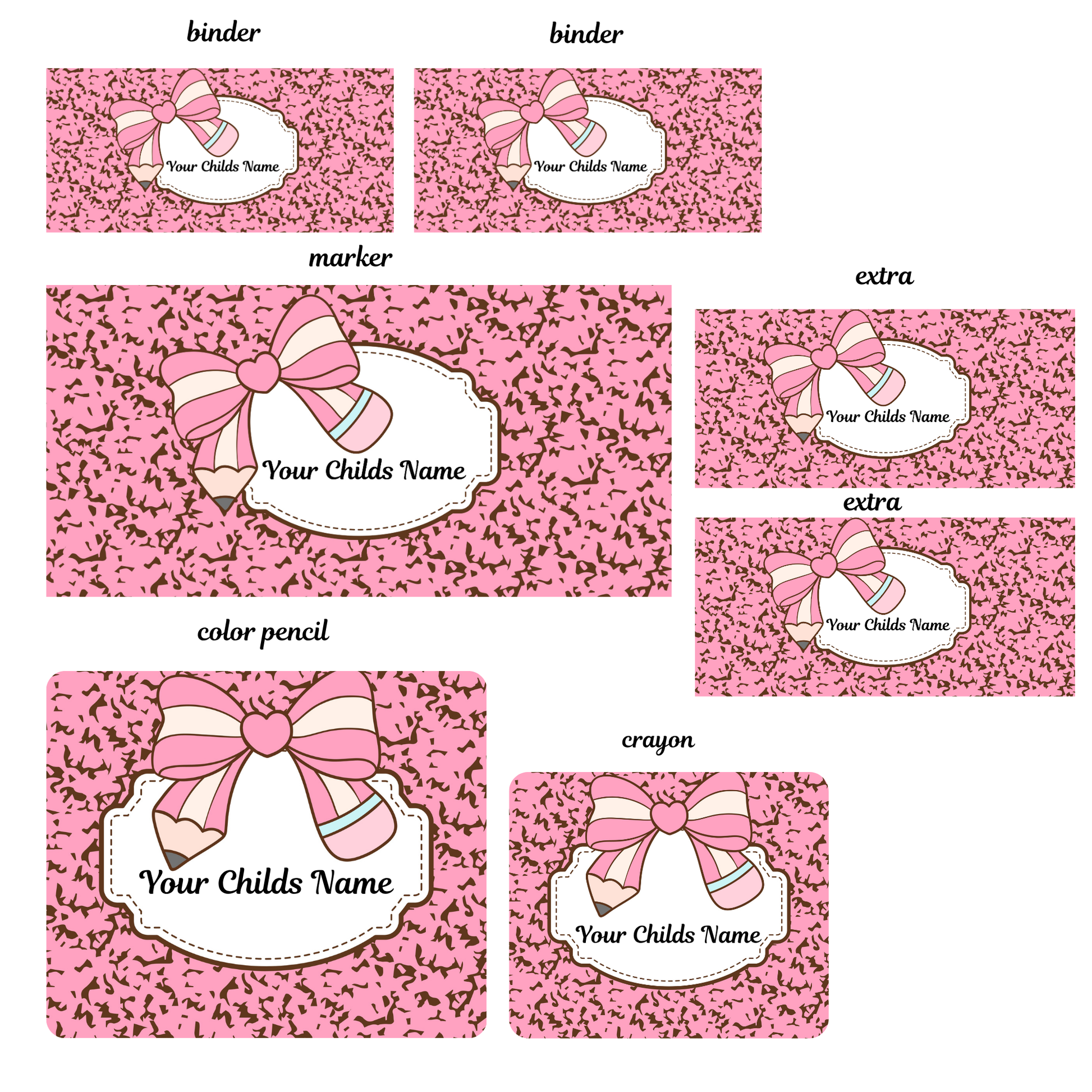 Pink label templates with bows and text space for child's name on a white background.