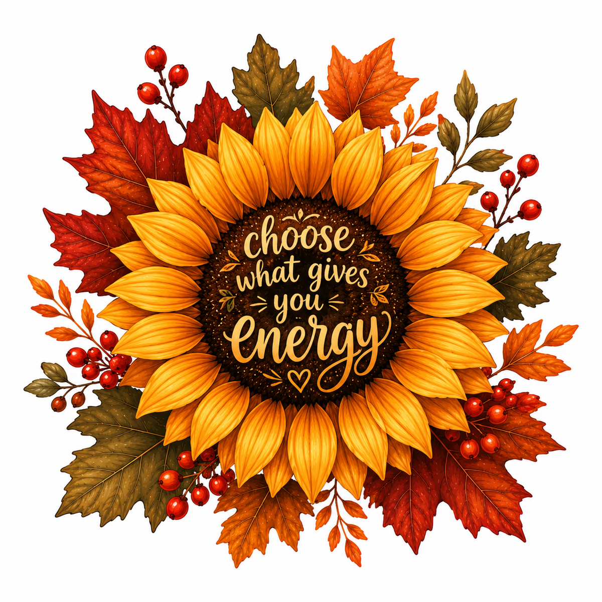 A decorative autumn floral design featuring a large sunflower with the phrase “choose what gives you energy” in the center, surrounded by red and orange leaves, green foliage, and small red berries on a white background.