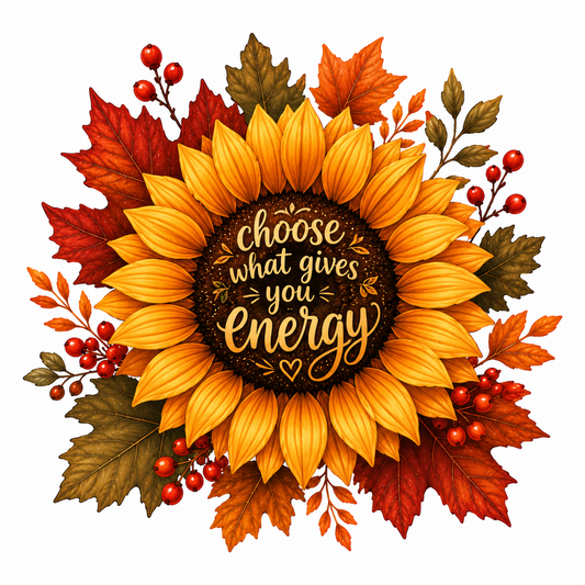 A decorative autumn floral design featuring a large sunflower with the phrase “choose what gives you energy” in the center, surrounded by red and orange leaves, green foliage, and small red berries on a white background.