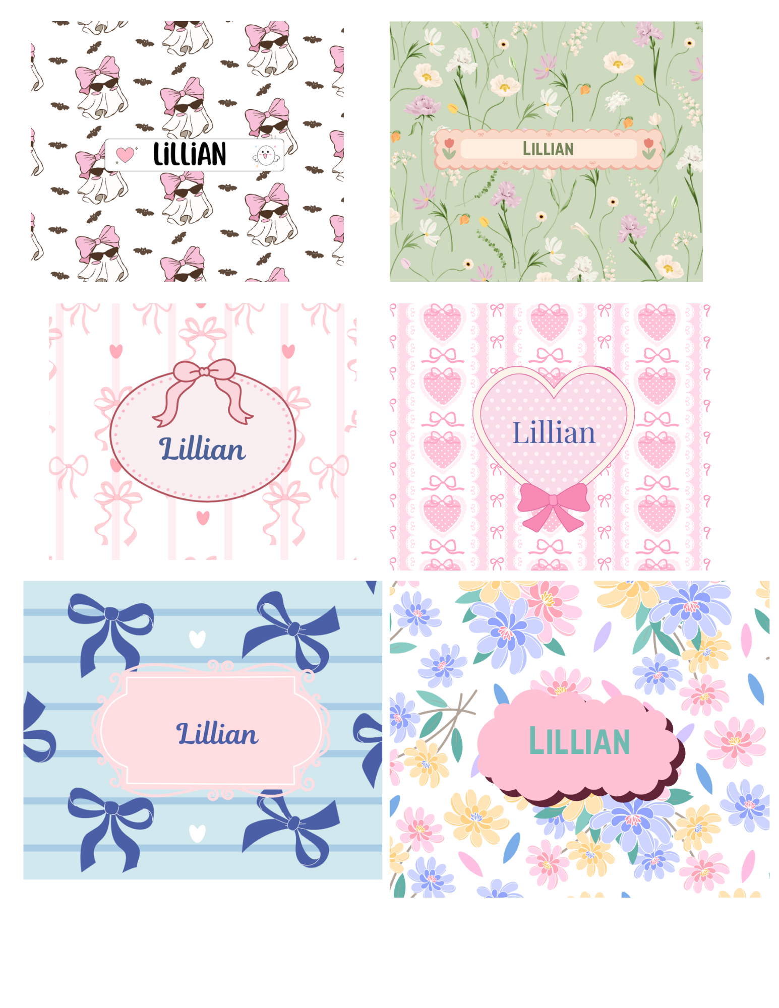 Set of personalized name cards with various designs and the name 'Lillian'.