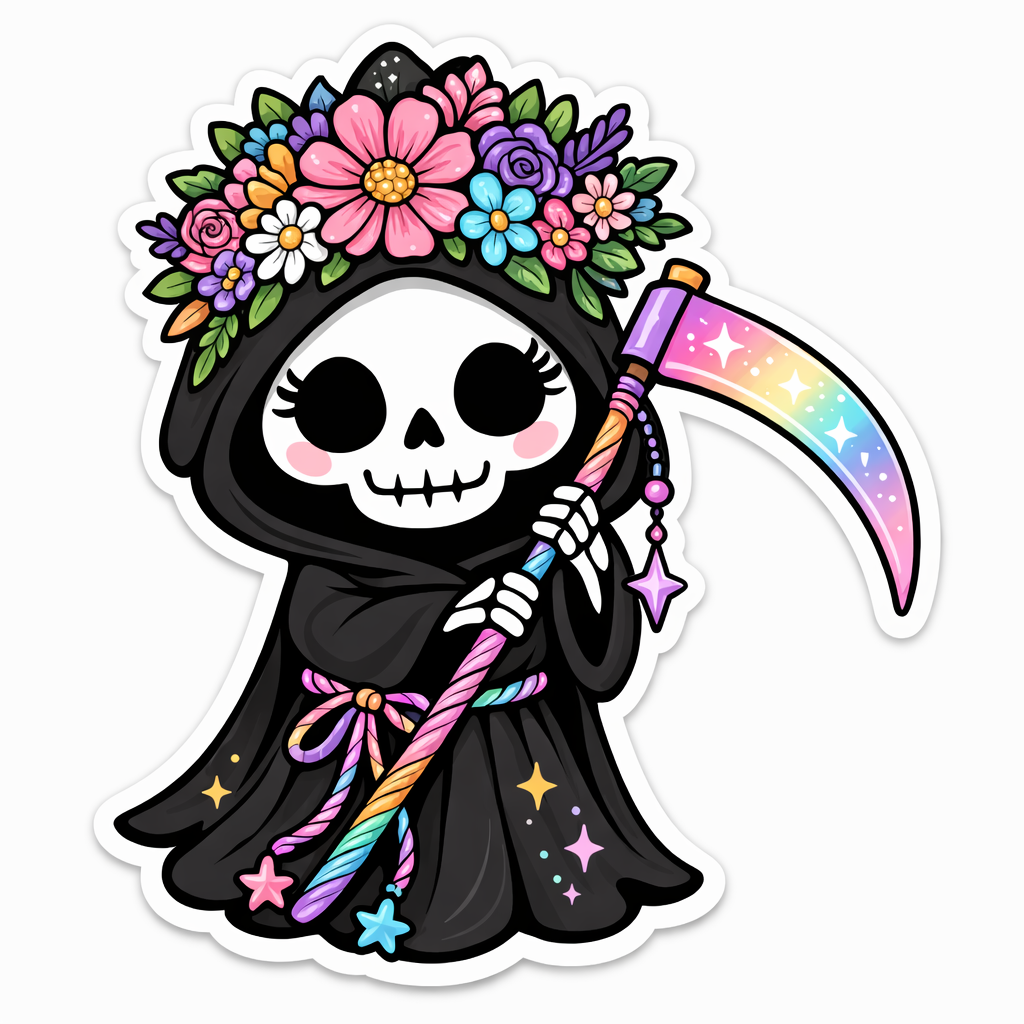 Cartoon skeleton with rainbow scythe and floral crown on a white background