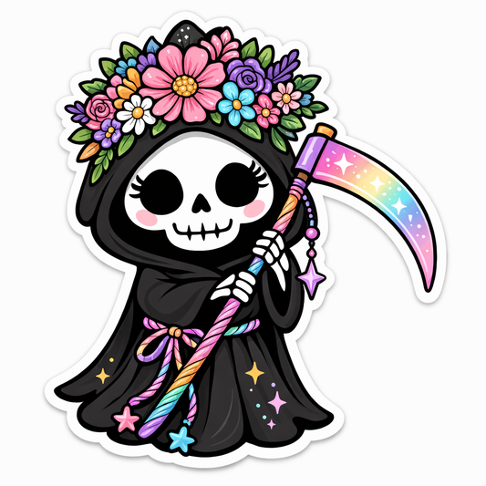 Cartoon skeleton with rainbow scythe and floral crown on a white background