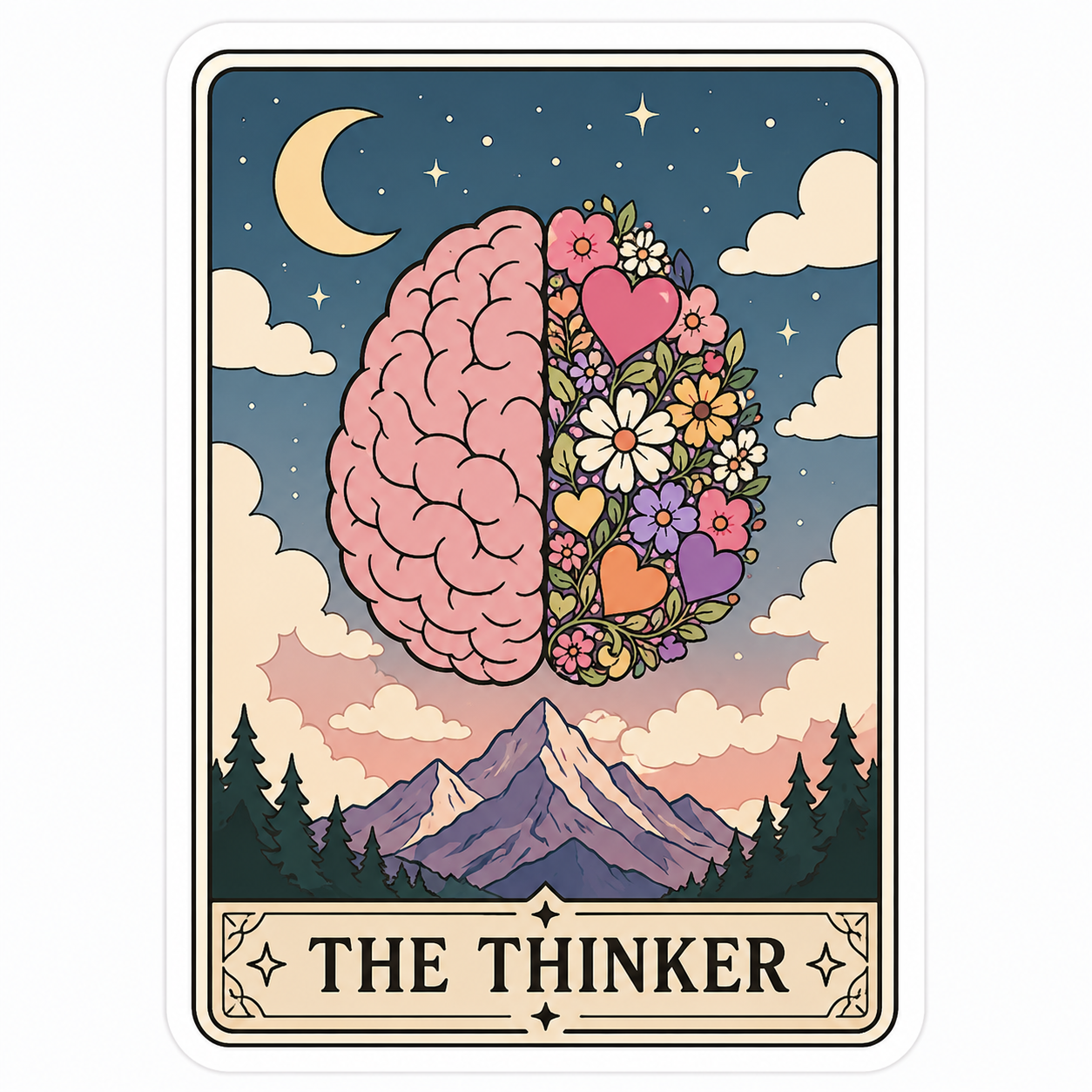 Card with half brain and half flowers design, titled 'The Thinker', against a night sky with moon and stars.
