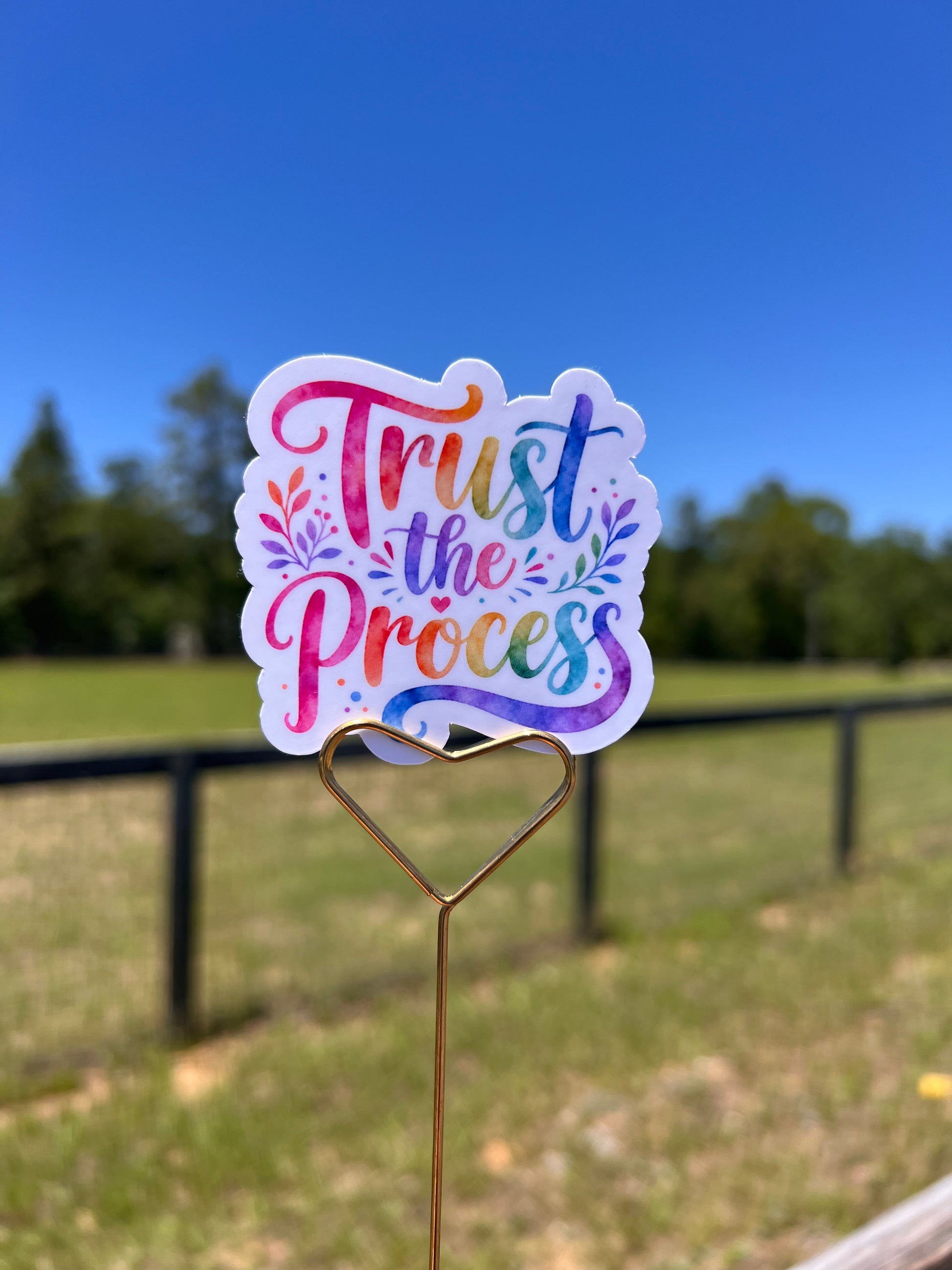 Colorful 'Trust the Process' sticker on a metal surface with a blue sky background
